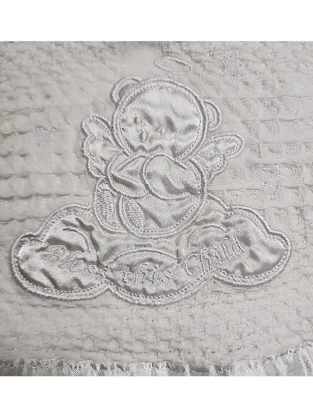 VTG Bless This‎ Child Angel Bear Baby Blanket White Woven Silky Edge Satin Trim